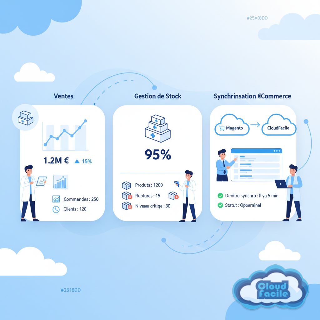 Tableau de bord ERP CloudFacile pour Socimed France - gestion des ventes, stocks et synchronisation eCommerce Magento