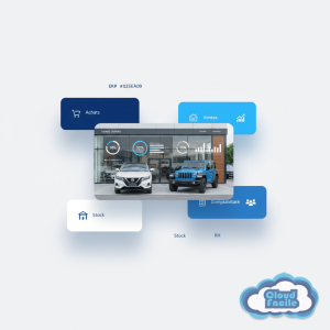 Garage automobile 3S Motors avec panneaux Nissan et Jeep, illustration du déploiement ERP CloudFacile