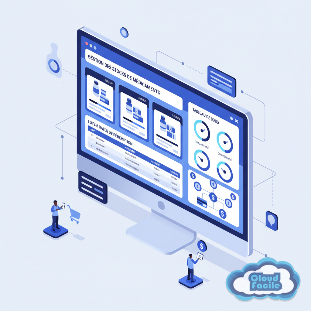 499e4266-4ebb-4b07-b024-138e23301a37 Interface ERP PharmaCloud affichant la gestion de stocks de médicaments, lots, dates de péremption et traçabilité en pharmacie