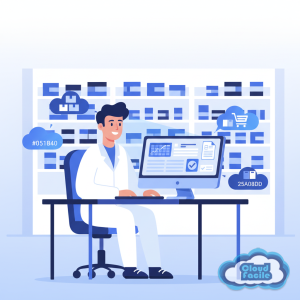 Pharmacien consultant un logiciel ERP de gestion pharmaceutique avec des médicaments en rayon