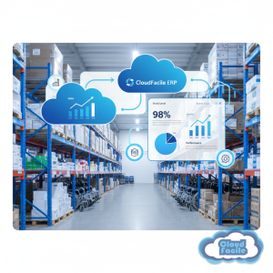 Entrepôt de distribution de matériel médical Codimed avec tableau de bord ERP CloudFacile en superposition