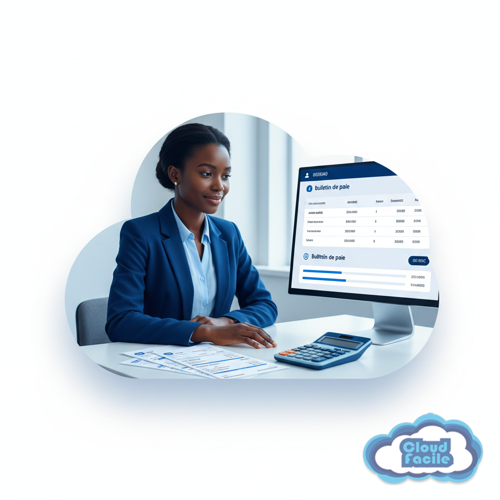 6ab682d6-6366-47f3-9d34-e71a7212596d Responsable RH consultant un bulletin de paie Cloudfacile sur écran, dans un bureau professionnel